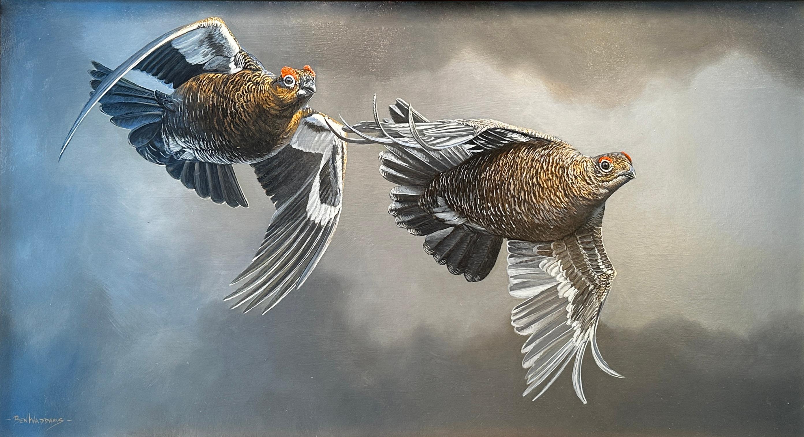 'Follow the Leader' photorealist painting of two grouse birds flying, grey/black - Painting by Ben Waddams