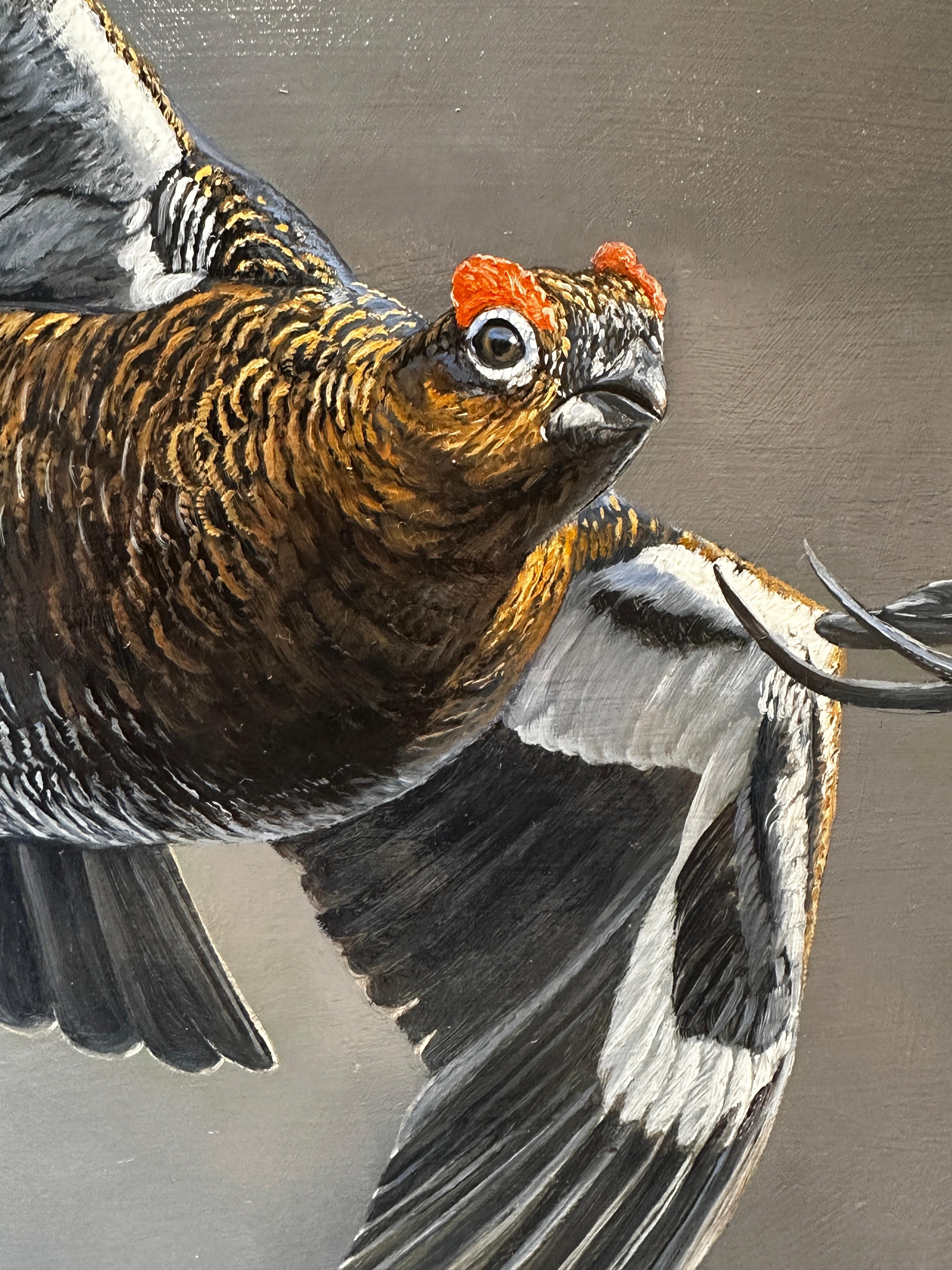 'Follow the Leader' photorealist painting of two grouse birds flying, grey/black - Photorealist Painting by Ben Waddams