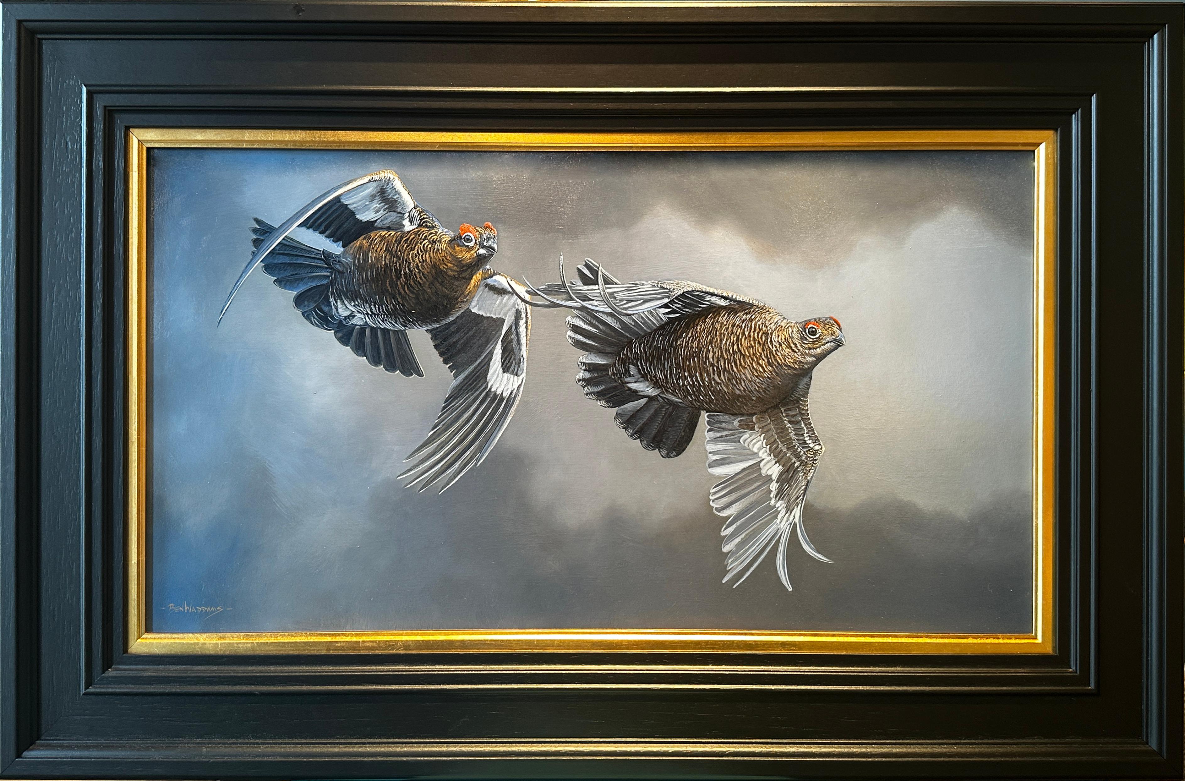 Ben Waddams Animal Painting - 'Follow the Leader' photorealist painting of two grouse birds flying, grey/black