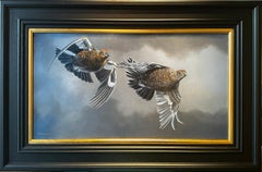 'Follow the Leader' photorealist painting of two grouse birds flying, grey/black