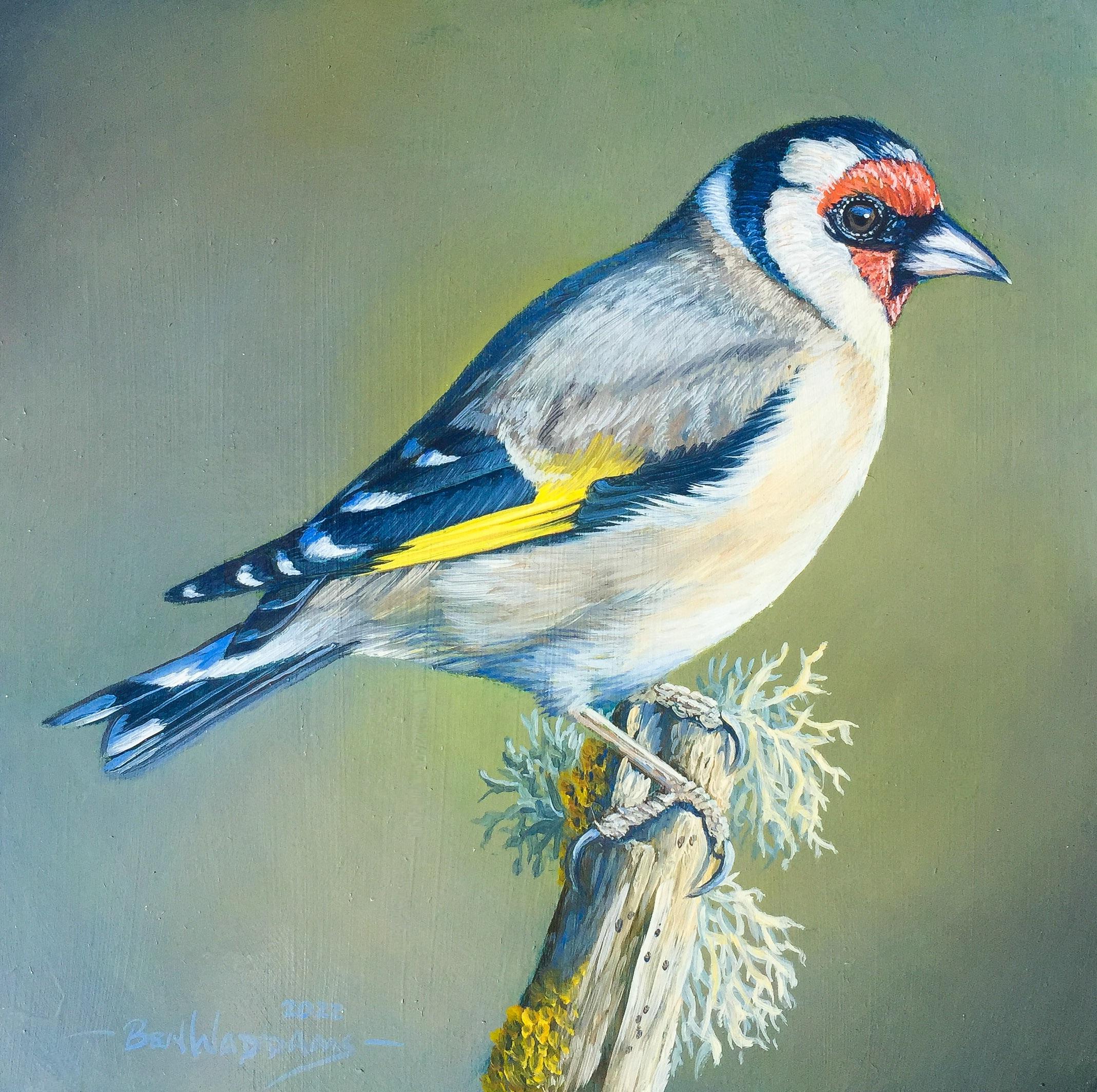 'Goldfinch' Painting of a english small bird on a branch, red, yellow & green - Black Animal Painting by Ben Waddams