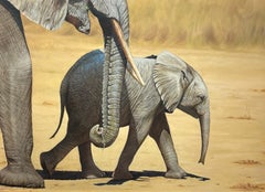 'Into the Heat' Realist painting of a African baby Elephant walking with mother
