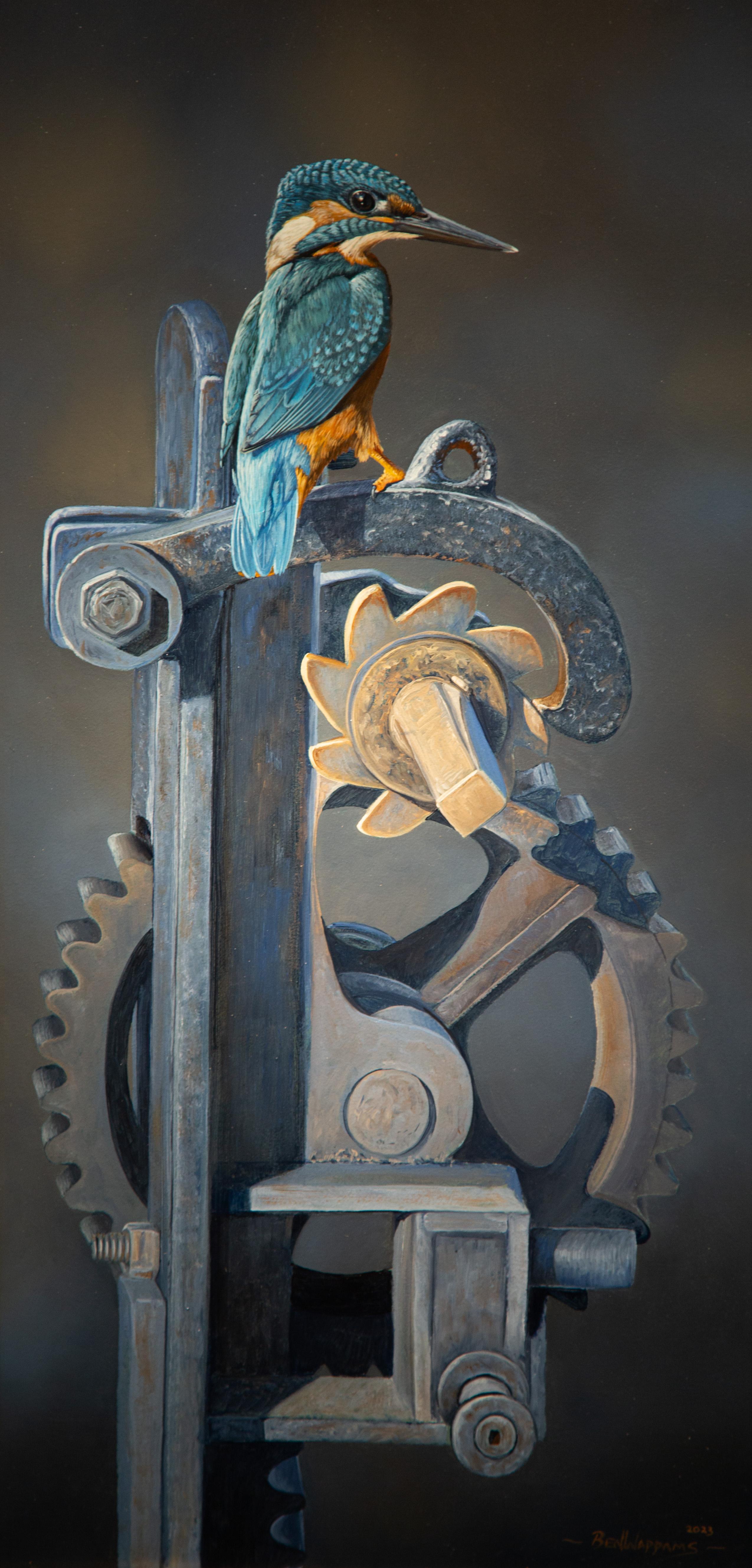 Ben Waddams Animal Painting - 'Kingfisher' Photorealist painting of a small blue bird on a lock gate, vivid