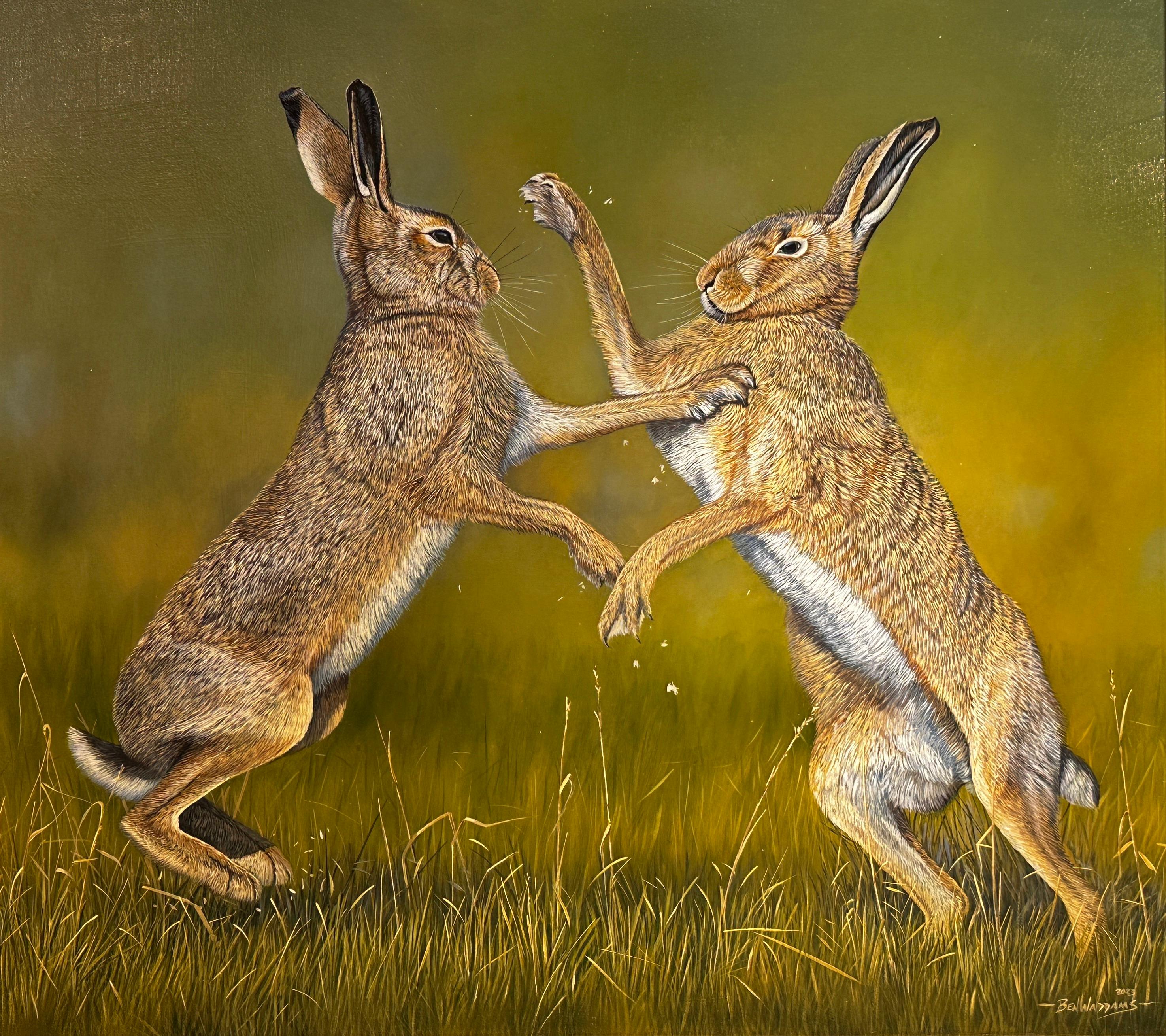 'MadMarch' Contemporary Photorealist Wildlife painting of two boxing hares - Painting by Ben Waddams