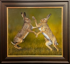 AM Contemporary Photorealist Wildlife painting of two boxing hares (MadMarch) peinture contemporaine d'animaux sauvages de deux lièvres.