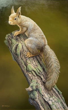 "Red Squirrel Redoubt" – Dipinto fotorealistico di uno scoiattolo su una Branch, grigio