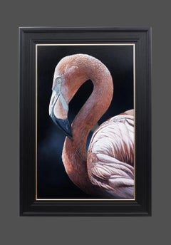 'Resplendent' Photorealist painting of a Pink Flamingo, dark blue, wildlife
