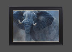 'The Challenge' Contemporary Photorealist painting of a large African Elephant