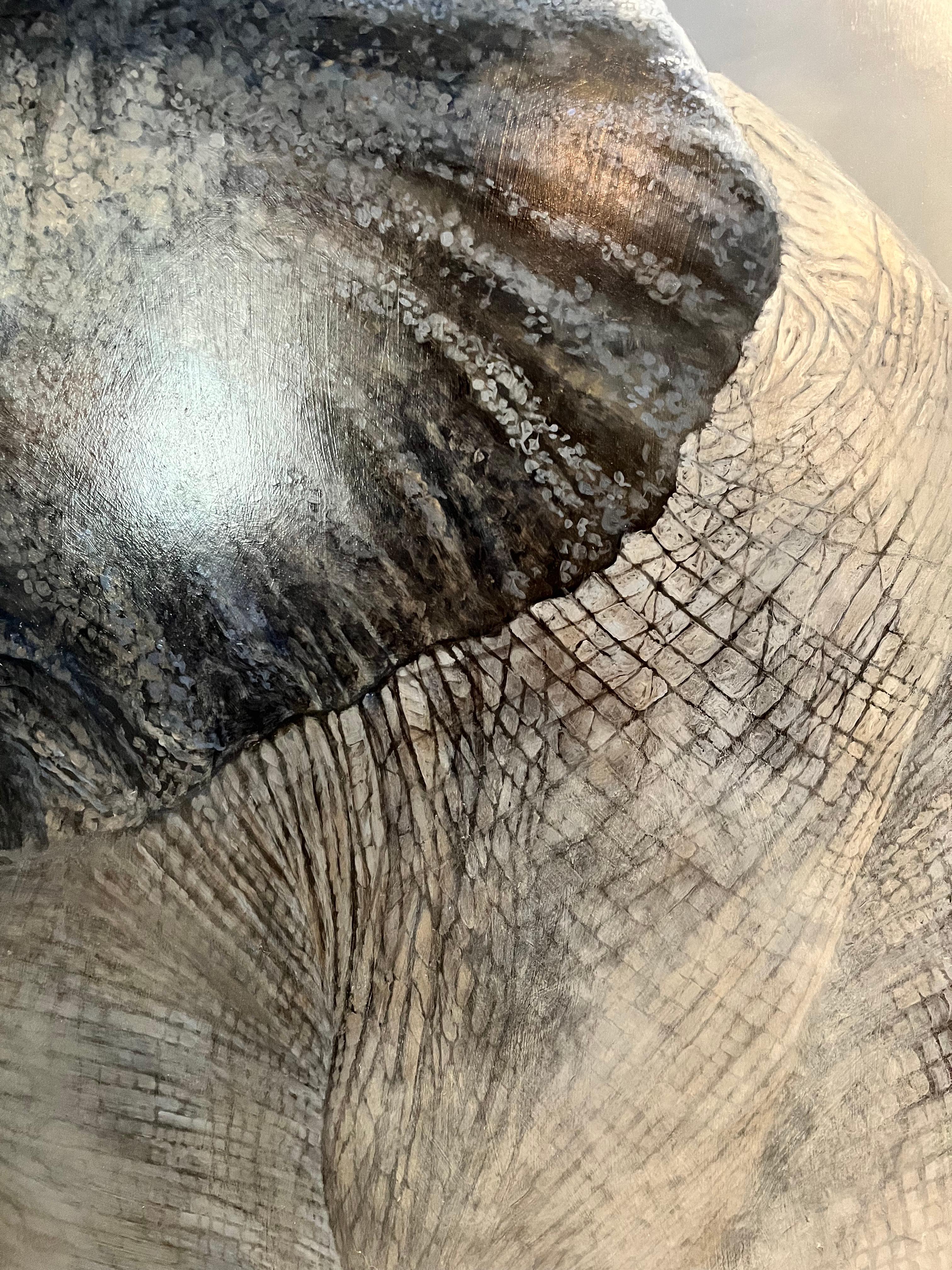 'The Challenge' by Ben Waddams is a Contemporary Realist Wildlife oil painting of an African Elephant.   With such incredible detail you can almost feel the leathery skin of the animal and hear the pounding feet as it charges. 

Ben Waddams is a