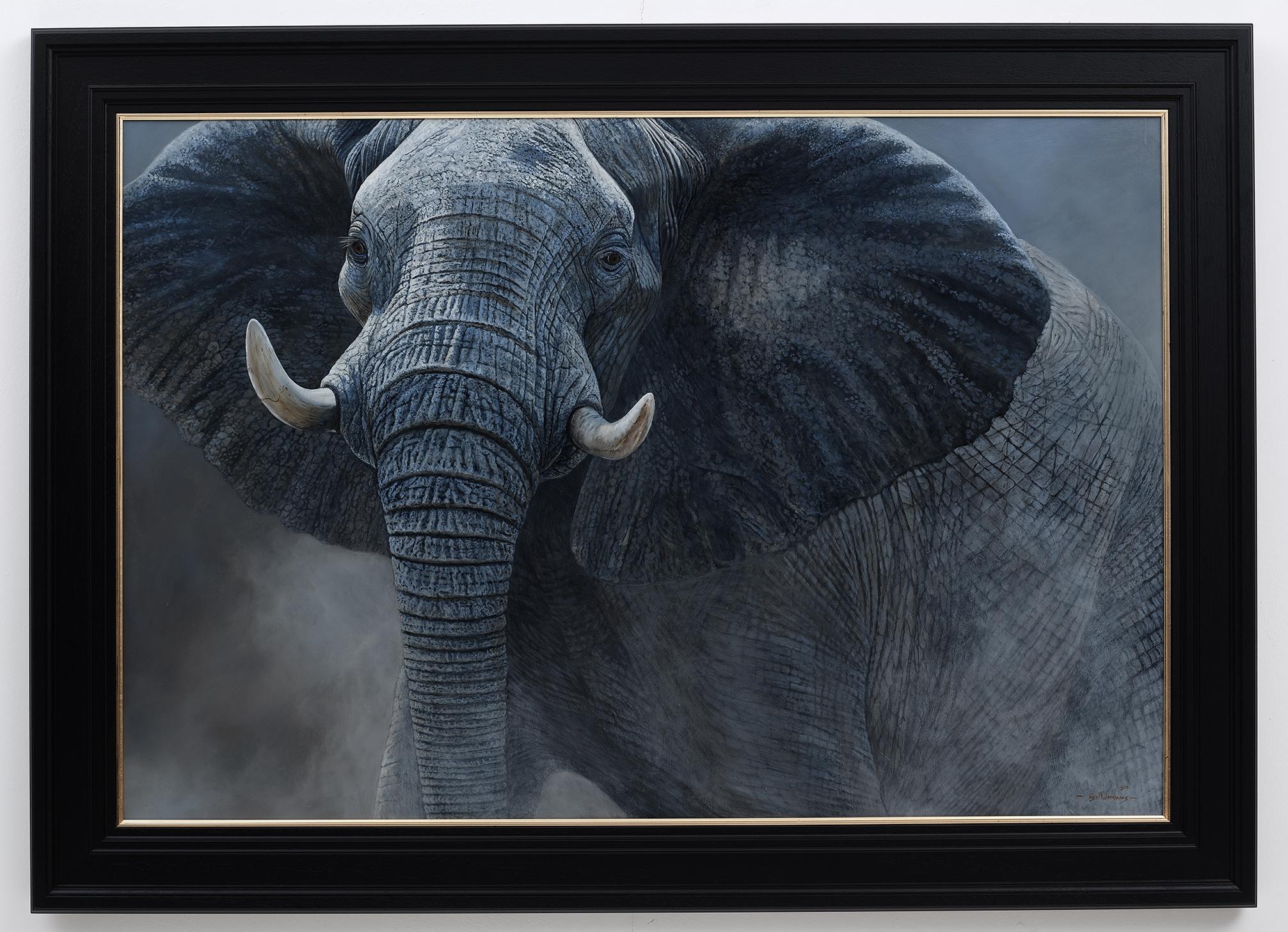 'The Challenge' Contemporary Photorealist painting of a large African Elephant