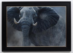 The Challenge" Peinture photoréaliste contemporaine d'un grand éléphant d'Afrique.