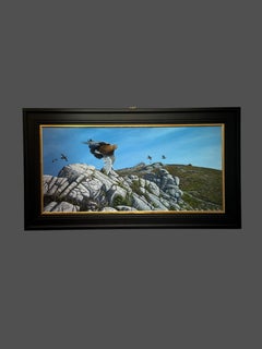 'The Glorious Grouse' Photorealist painting of flying grouse, blue, red