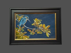 "La quercia sopra il fiume" – Dipinto fotorealista raffigurante un Kingfisher, blu, giallo