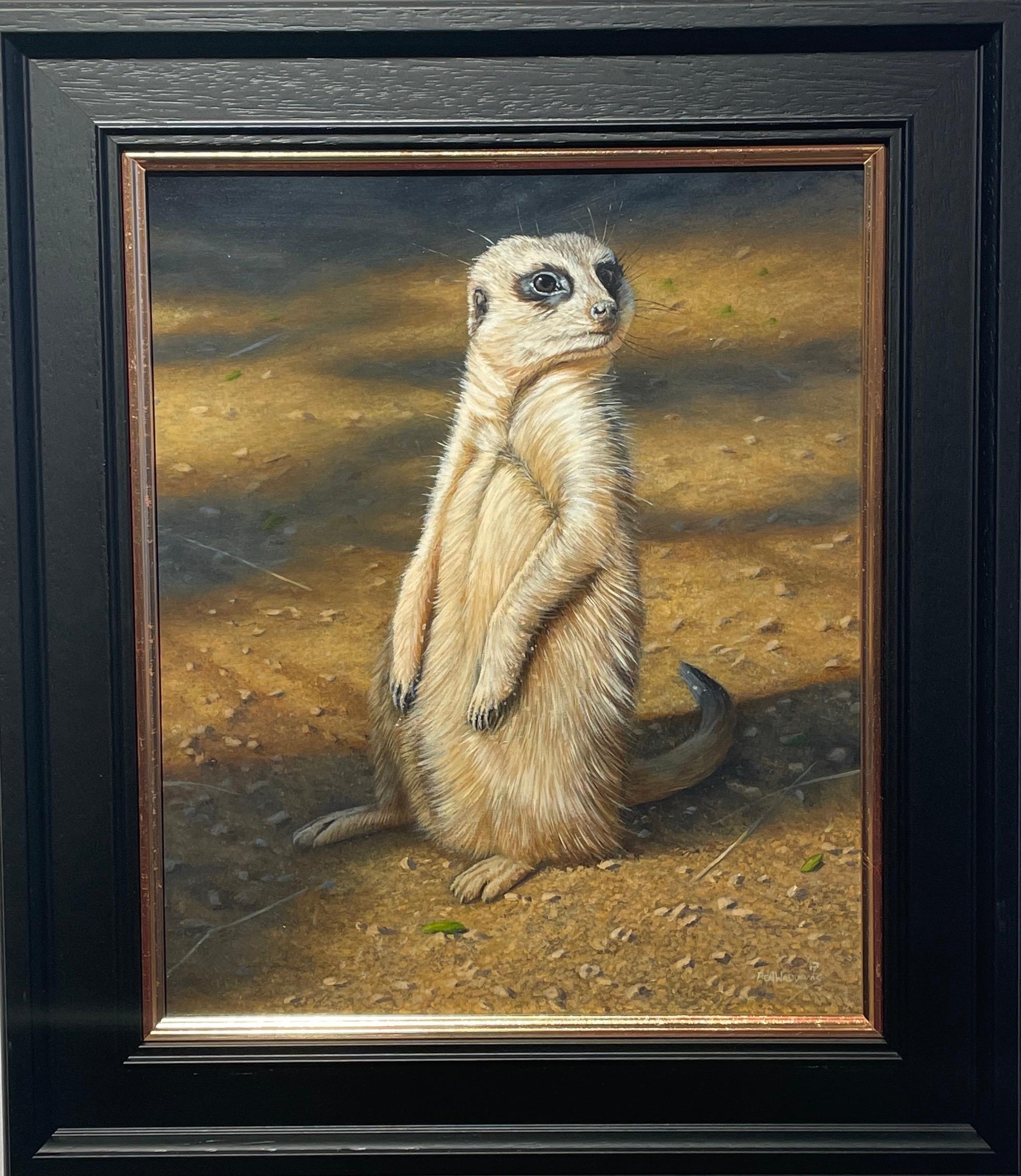 'The Sun Worshipper' Contemporary photorealist painting of a Meerkat in the wild - Painting by Ben Waddams