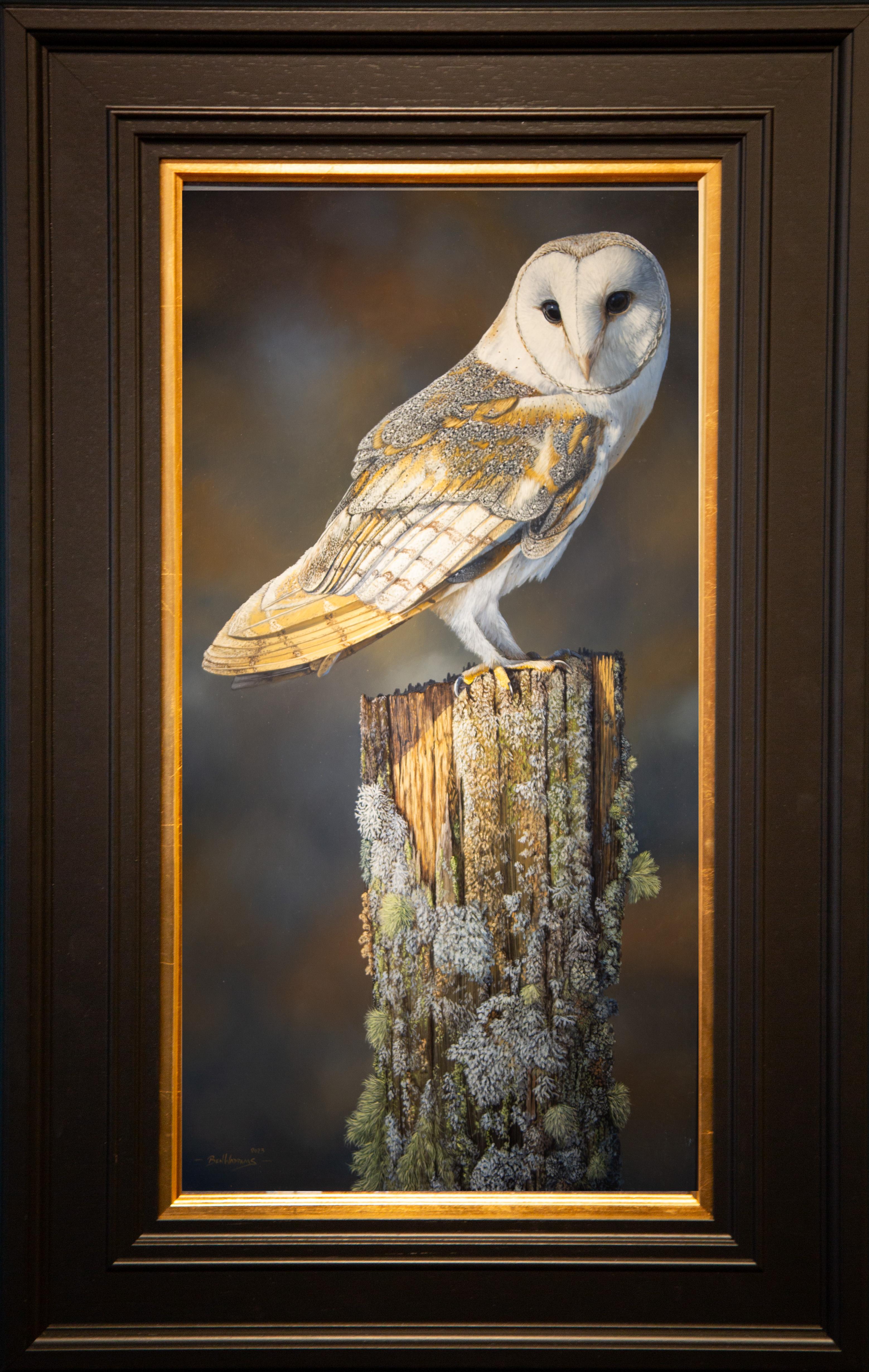 'The Watcher' Photorealist painting of a barn owl on a tree stump nature, wild - Painting by Ben Waddams