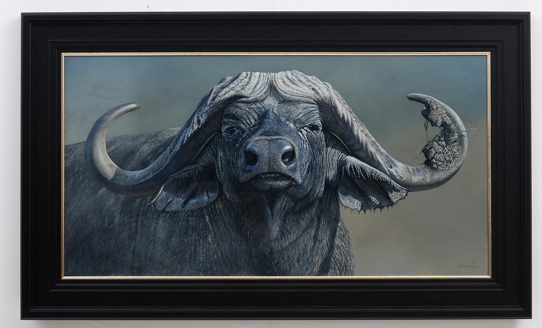 'Warrior' Photorealist painting of a Water Buffalo in the wild, wildlife, grey - Painting by Ben Waddams