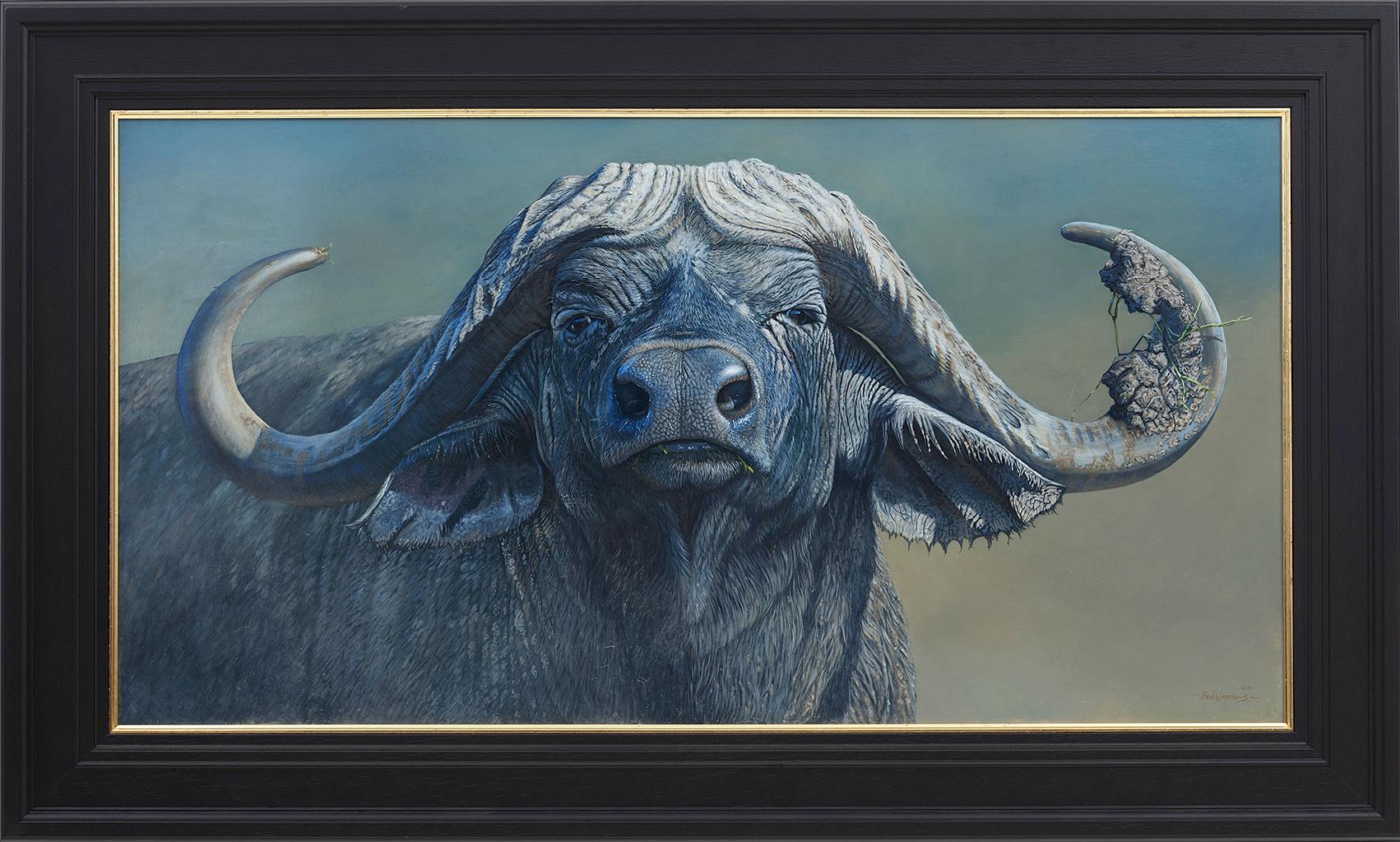 Ben Waddams Animal Painting - 'Warrior' Photorealist painting of a Water Buffalo in the wild, wildlife, grey
