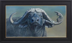 'Warrior' Photorealist painting of a Water Buffalo in the wild, wildlife, grey