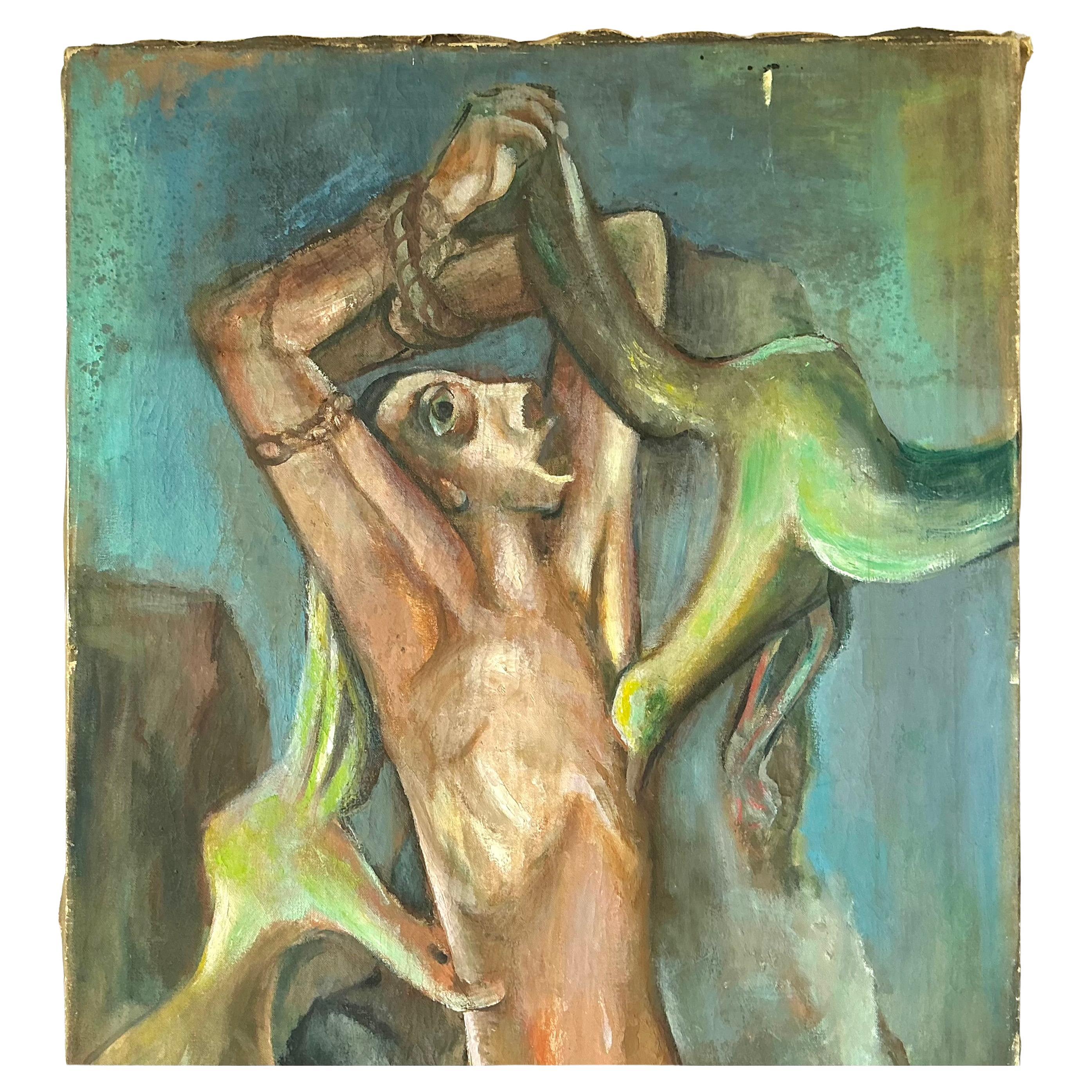 Ben Wilson (American, 1913-2001) Untitled Expressionist Painting, Oil on Canvas, Unframed. Painting portrays a nude male figure under attack by three stylized birds; figure is bound at the wrists and knees. The figure's elongated body and anguished