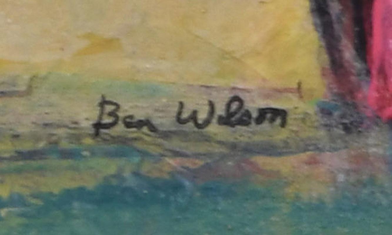 Words and Deeds
Oil and collage on wood panel, c. 1990
Signed recto lower right (see photo)
Verso: See photo
Signed, verso: Ben Wilson
Dated: c. 1990
Titled: Words and Deeds
Condition: Excellent
Image/panel size: 23 1/4 x 19 inches
Frame size: 26