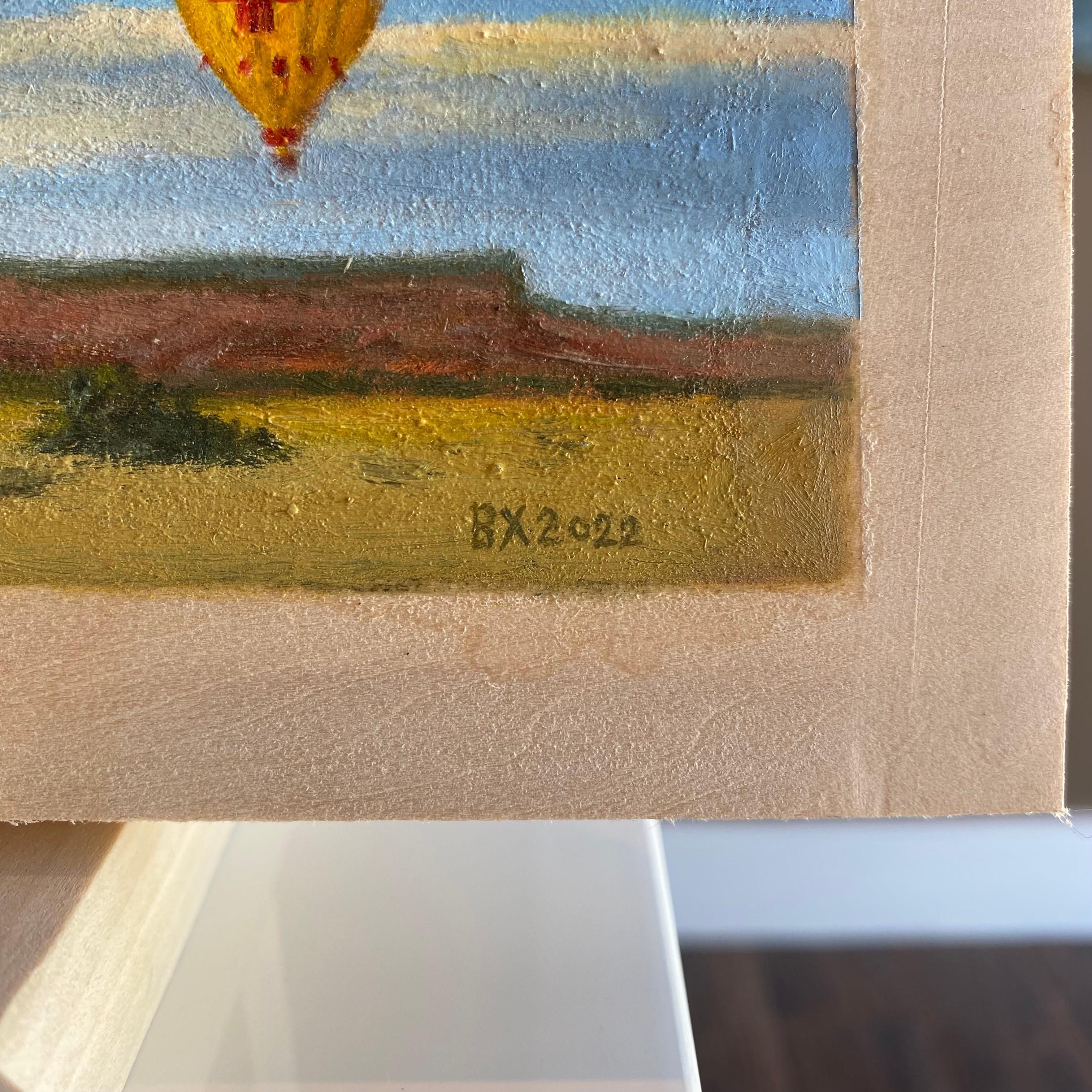 Ben Xu's Soaring Through The Summer Air is an oil painting created on a basswood plank. The painting is sized at 5.2 x 12 x 0.7 inches, and priced at $400. The painting is signed by the artist himself, with the signature placed on the lower right