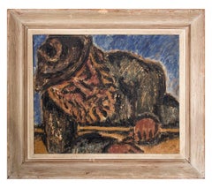 Modernist Rabbi at Study Judaica Oil Painting