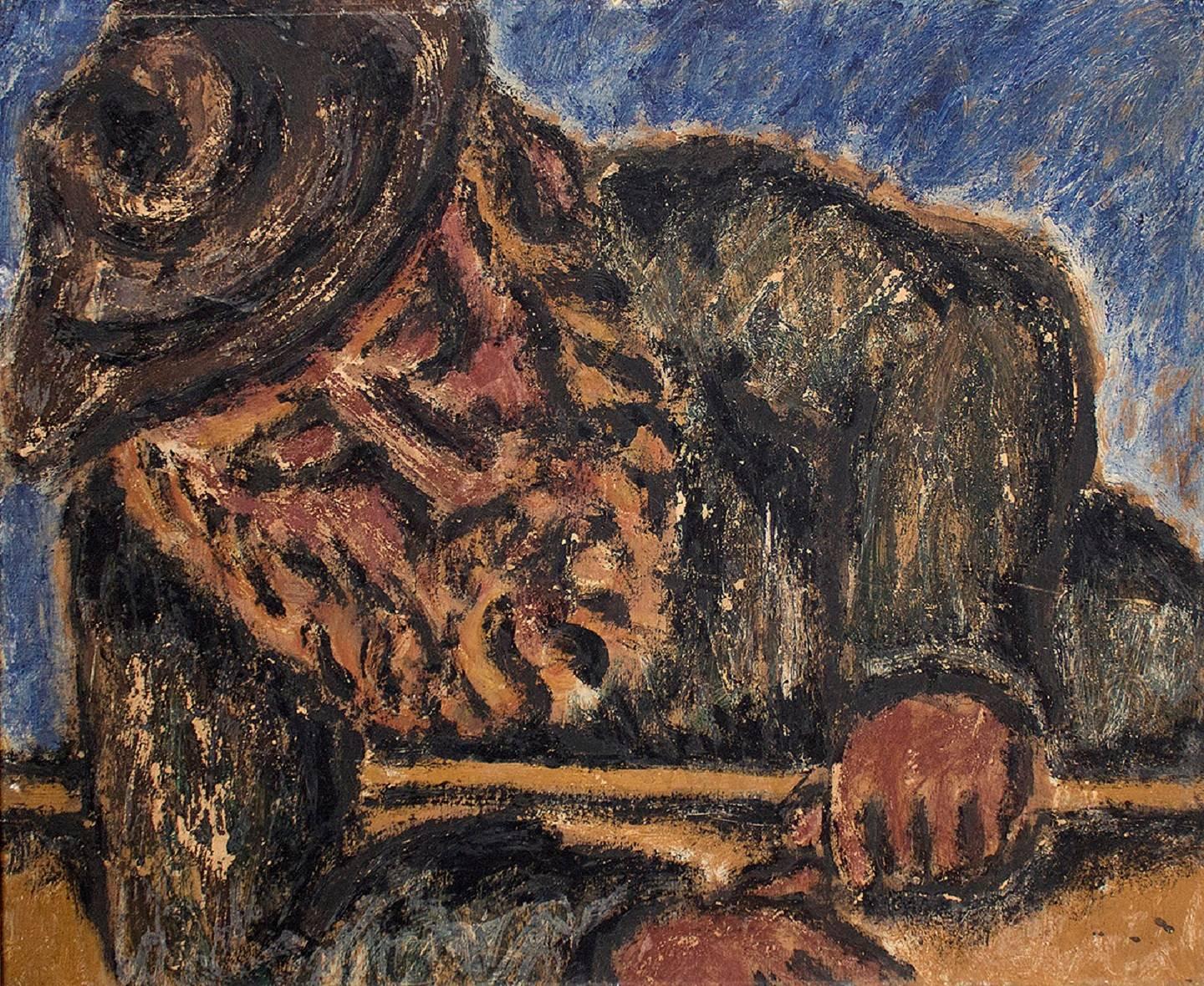 Rabbin moderniste à Study Judaica, peinture à l'huile de Ben Zion, membre du groupe « The Ten »