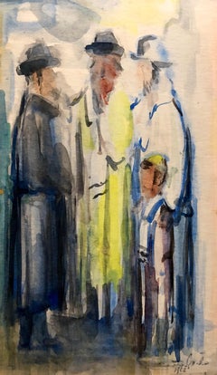 Israeli Judaica Watercolor Gouache Bar Mitzvah Boy Rabbi Painting Russian Artist