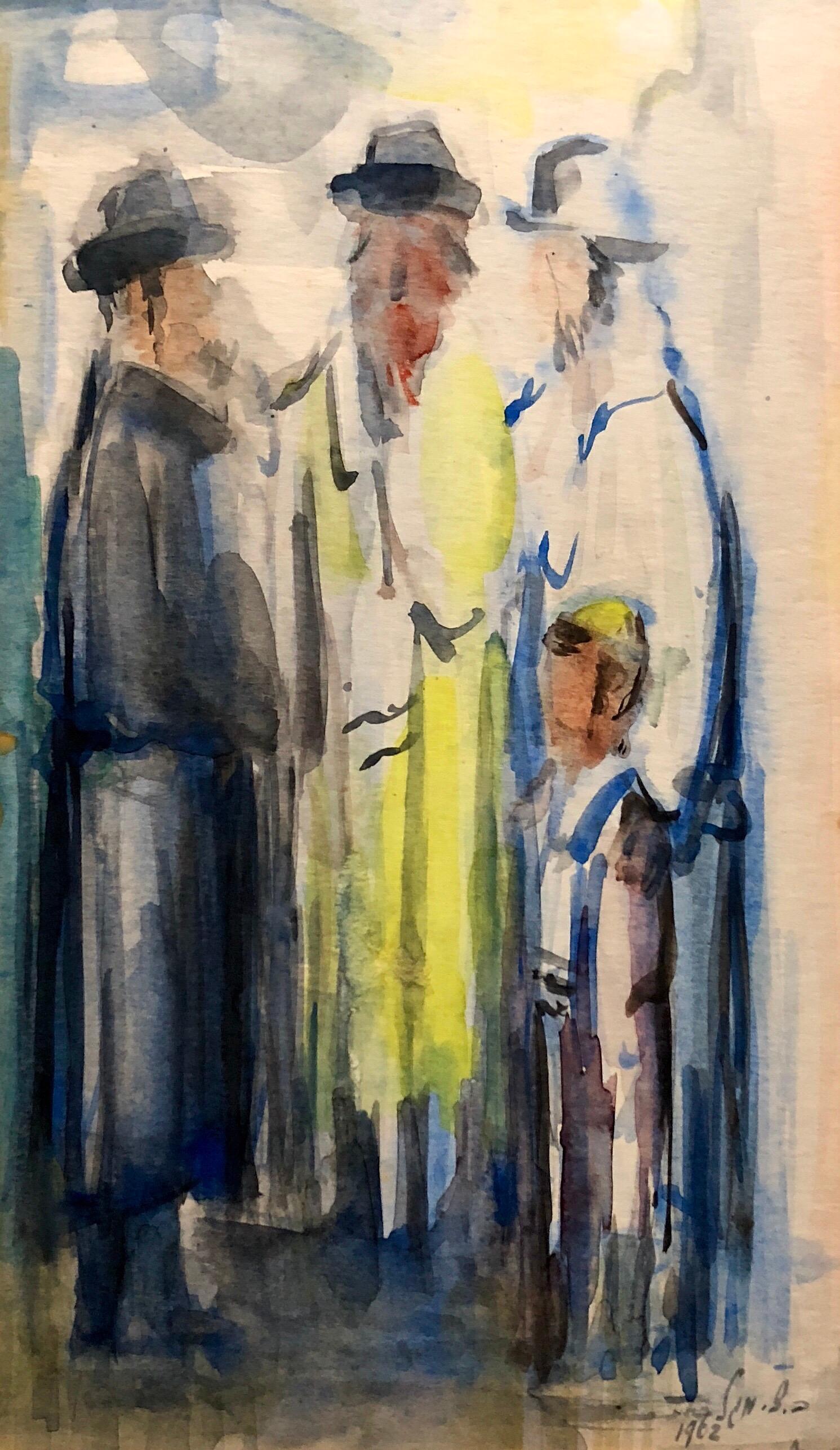 Ben Zion Magal Figurative Art - Israeli Judaica Watercolor Gouache Bar Mitzvah Boy Rabbi Painting Russian Artist