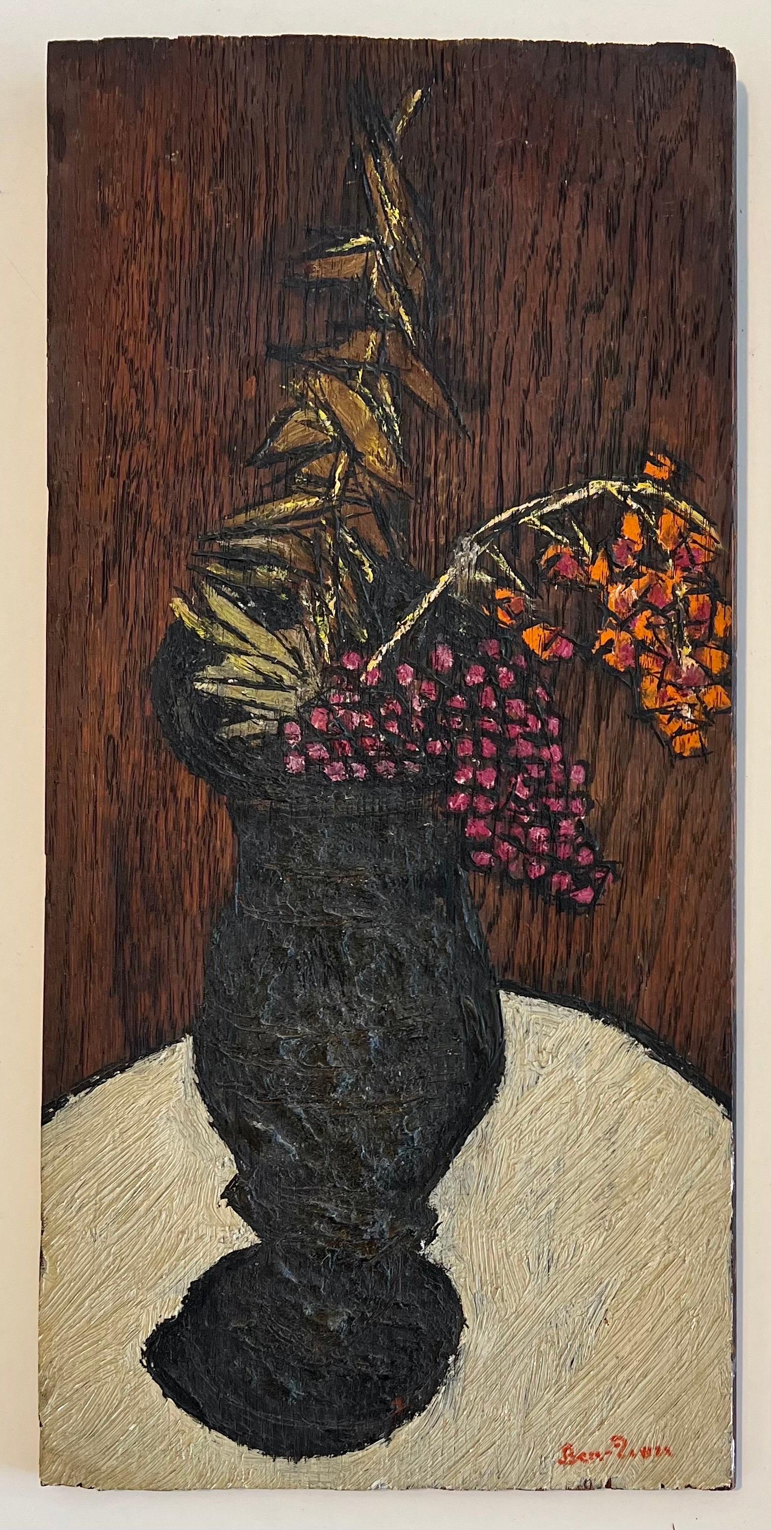 Ben-Zion (1897-1987) 
Blumenstück mit schwarzer Vase
Öl auf Karton, handsigniert  Ben-Zion