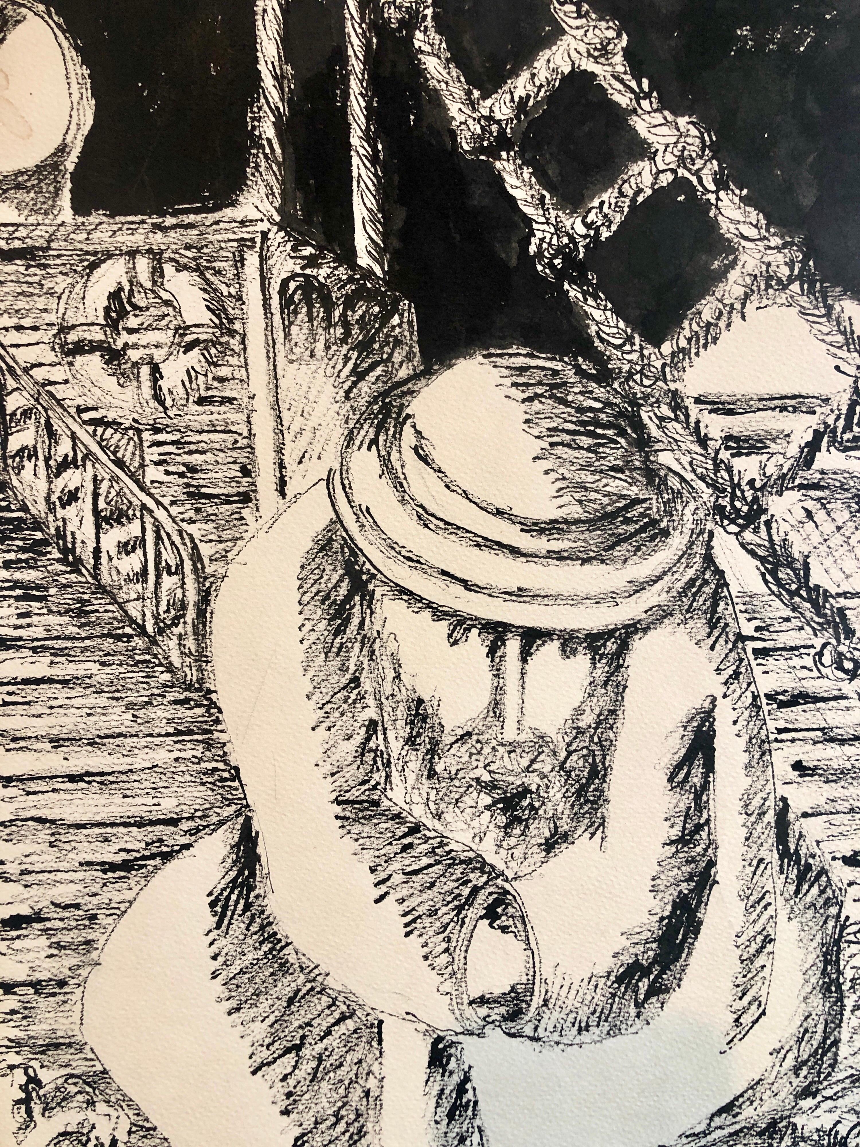 An ink drawing Judaic painting by modern artist Ben-Zion Weinman. It depicts a portrait of an old Jewish man. Coming over from Europe on a ship crossing. The work is signed 