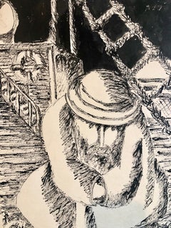 Modernist Judaica Jewish Ink Drawing Painting "New Immigrant" Off the Boat WPA