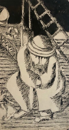 Used Modernist Judaica Jewish Ink Drawing Painting "New Immigrant" Off the Boat WPA