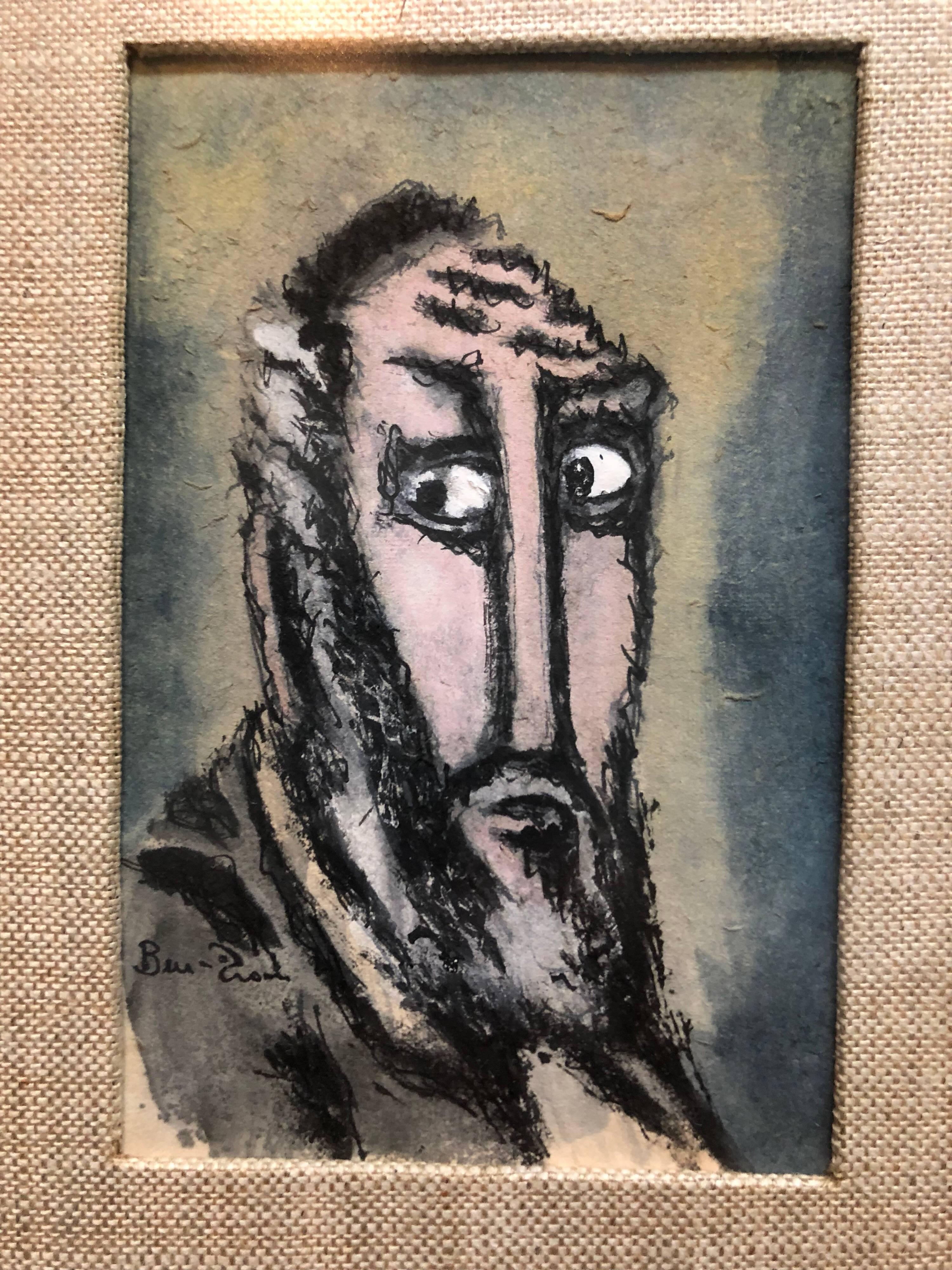 Ben-Zion Weinman Figurative Art - Modernist Judaica Watercolor Gouache Painting "Old Jew" Jewish Rabbi 