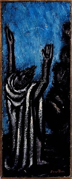 The Prophet, Modernist Judaica Oil Painting Biblical Jewish Rabbi at Prayer