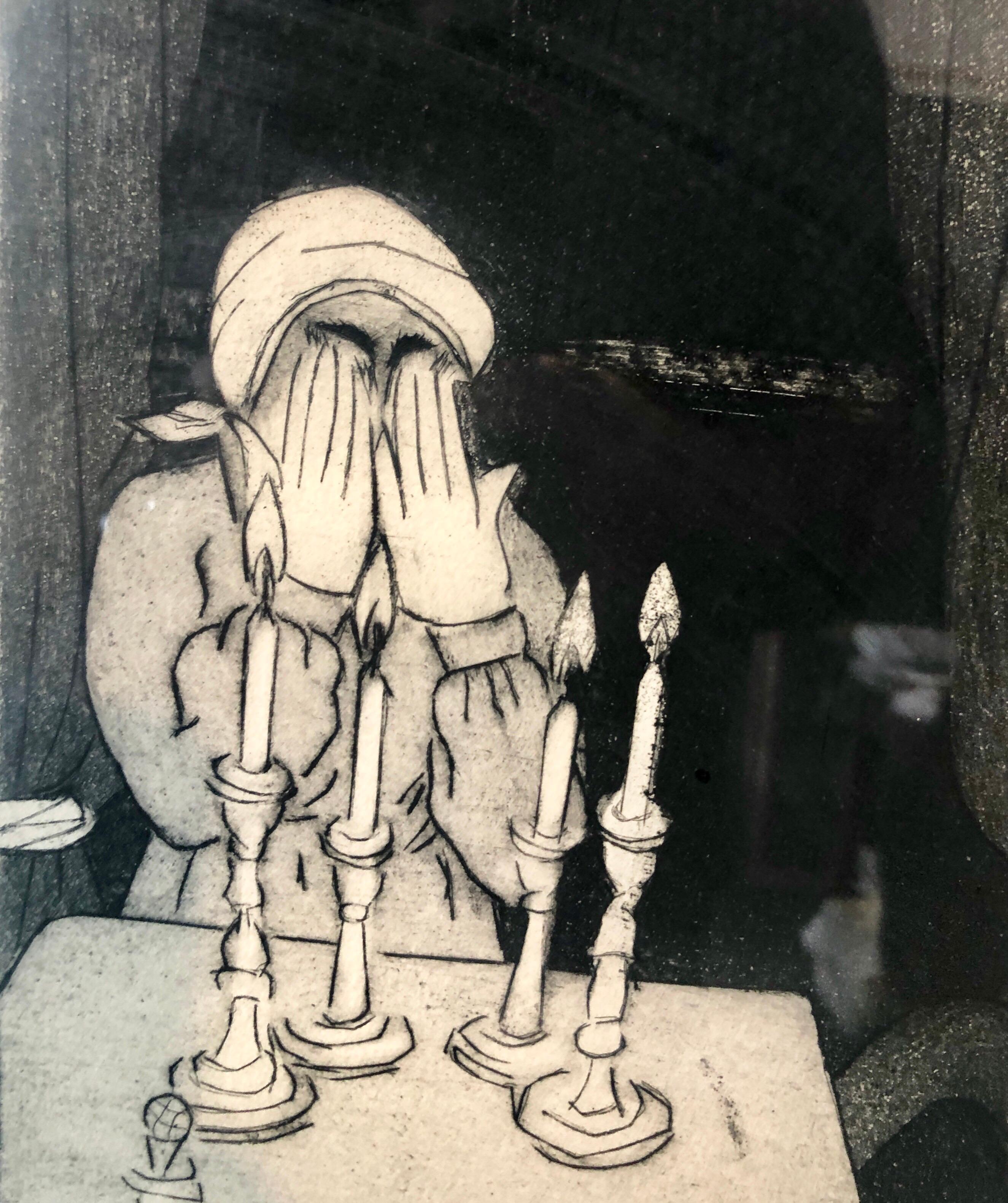 Judaica Jewish Woman Lighting Shabbat Candles Etching American Modernist WPA - Print by Ben-Zion Weinman