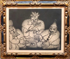 Escena festiva de Purim, judaica, aguafuerte con aquatinta, artista modernista estadounidense de la WPA