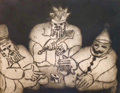 Escena festiva de Purim, judaica, aguafuerte con aquatinta, artista modernista estadounidense de la WPA