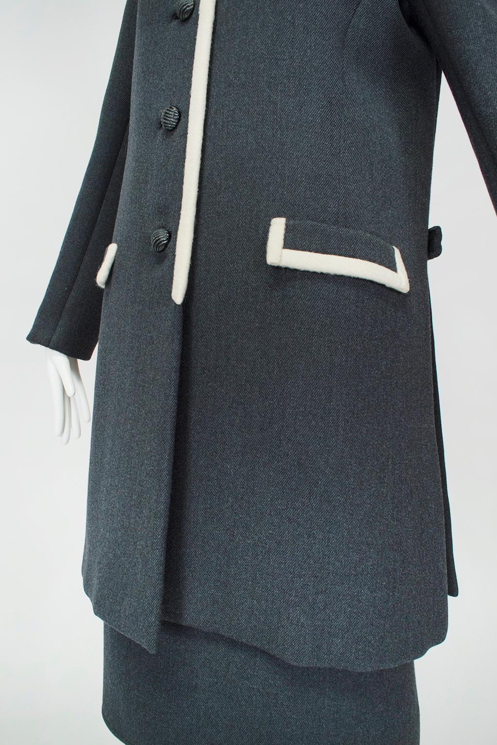 Women's B Zuckerman Mod Jackie O Charcoal Wool Contrast Coat and Skirt Set - M-L, 1960s For Sale