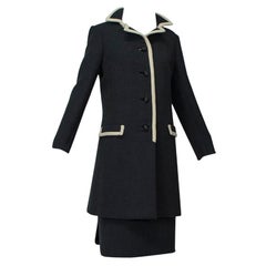 B Zuckerman Mod Jackie O Charcoal Wool Contrast Coat and Skirt Set - M, 1960s