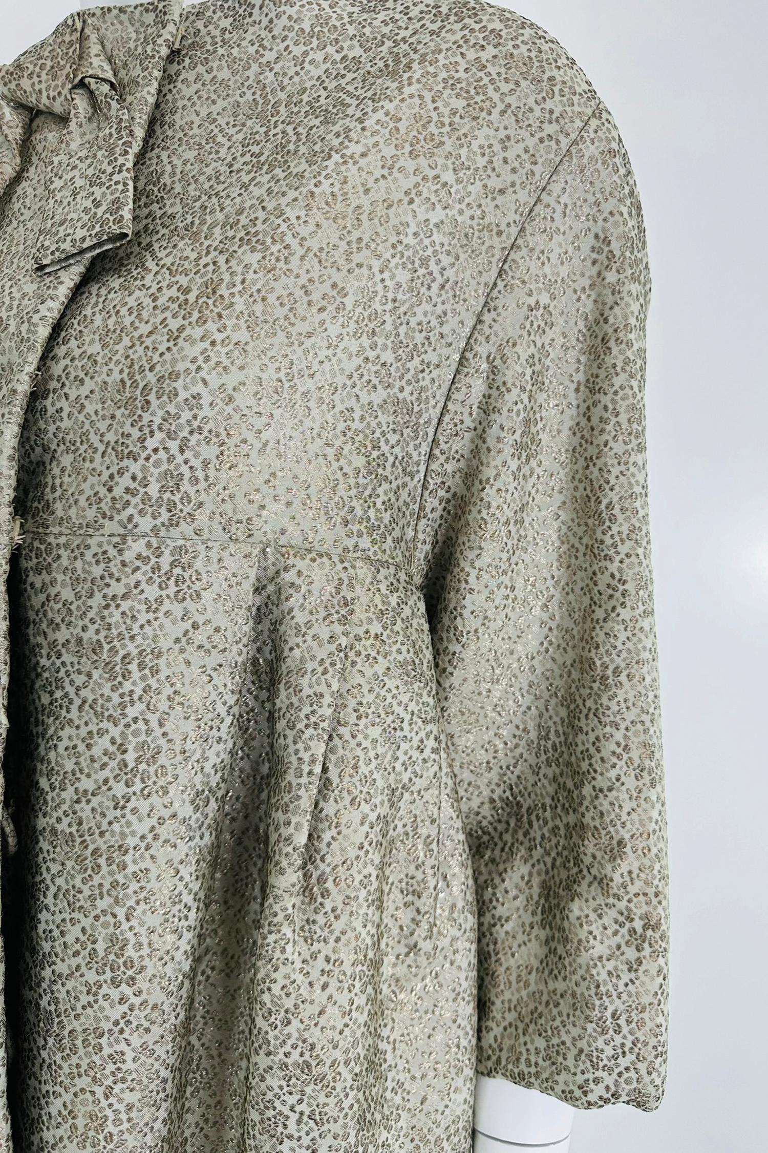 Ben Zuckerman Silver & Ice Blue Metallic Brocade 1950s Sac Back Evening Coat For Sale 8