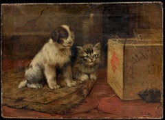 Victorian Puppy & Kitten Interior Scene with Mouse Signed Animal Oil Painting