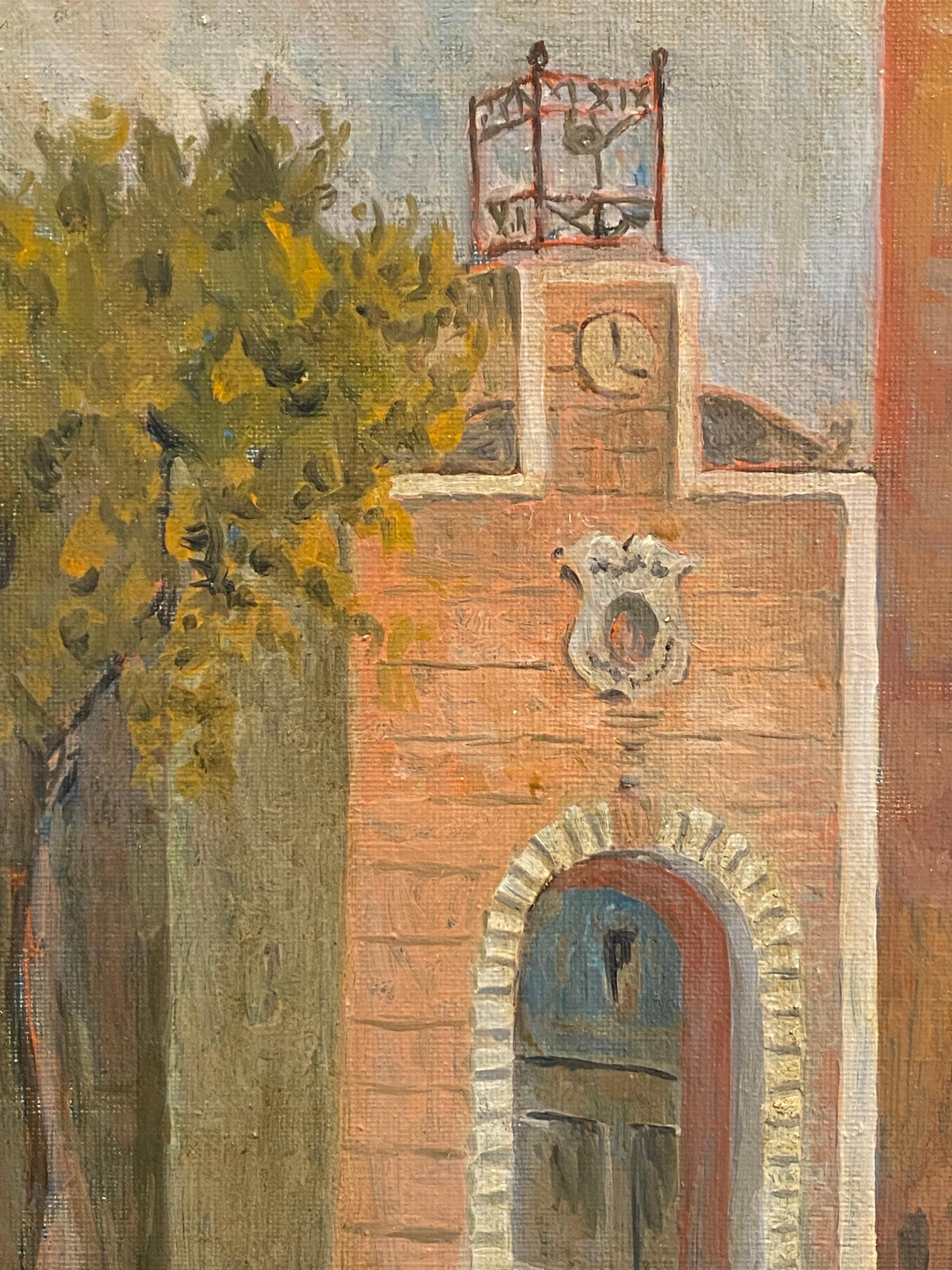 Französisches modernistisches/ kubistisches Gemälde aus den 1950er Jahren, signiert – französischer Uhrenturm – Painting von Bernard Labbe