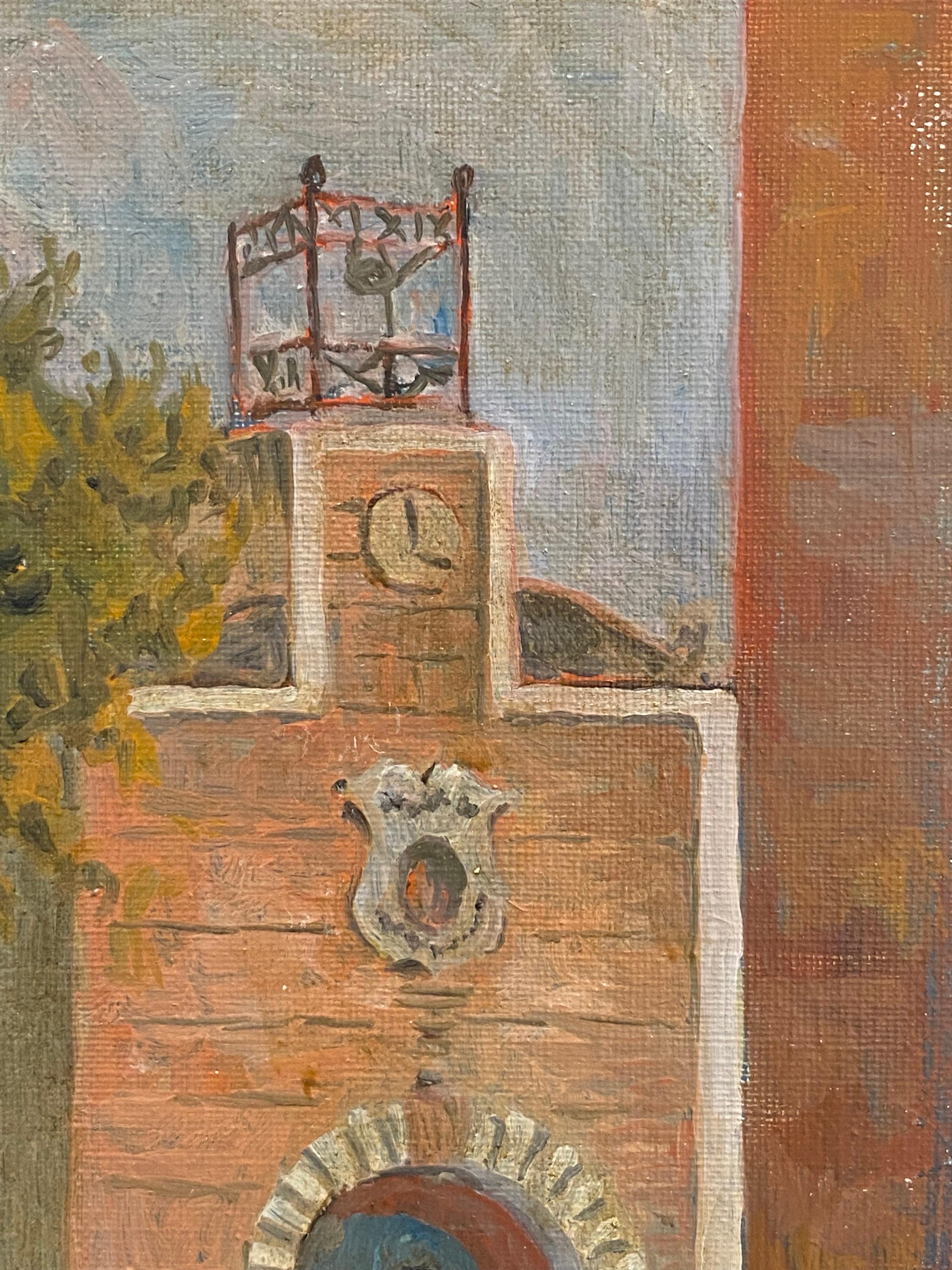 Französisches modernistisches/ kubistisches Gemälde aus den 1950er Jahren, signiert – französischer Uhrenturm (Braun), Landscape Painting, von Bernard Labbe