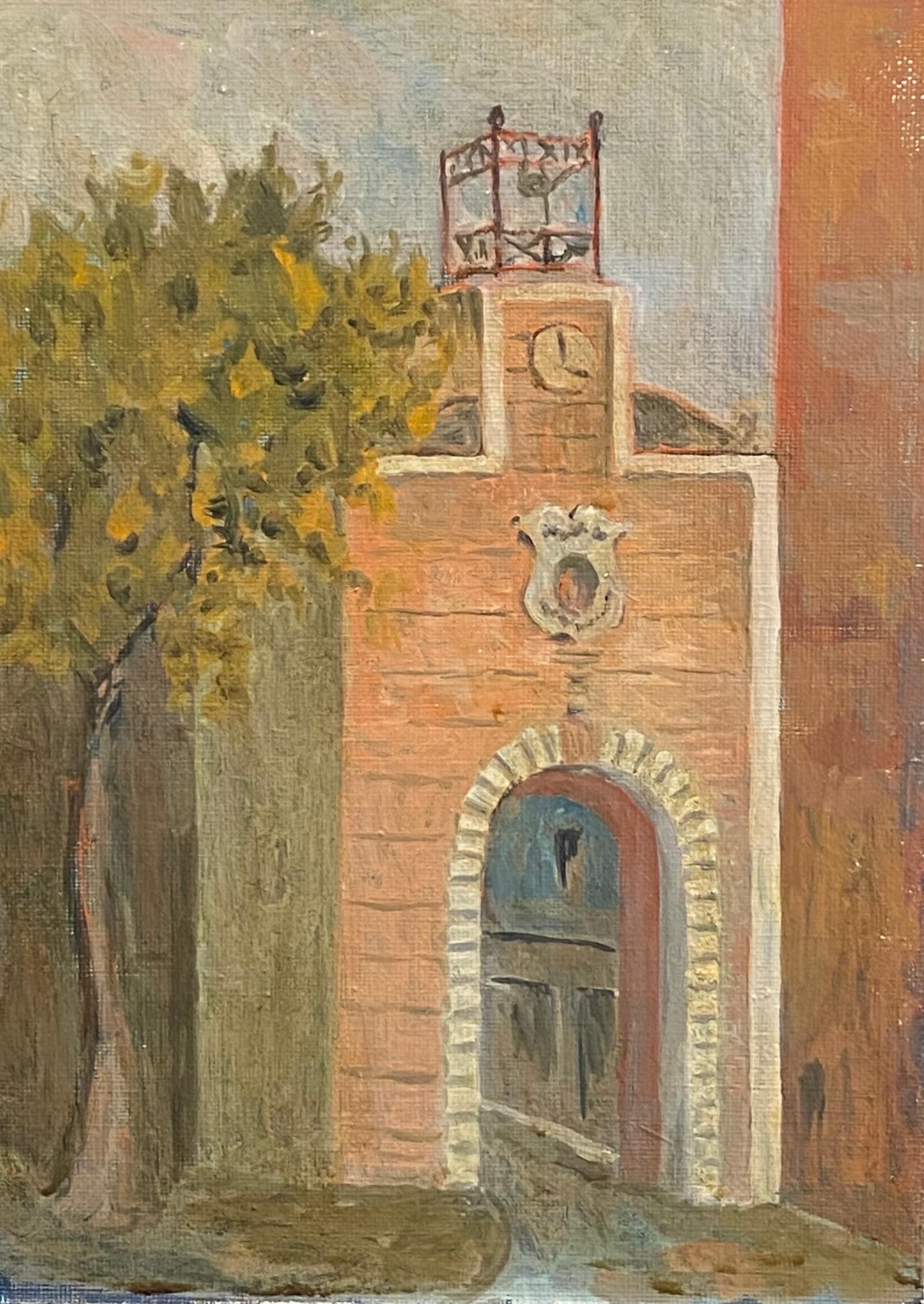 Landscape Painting de Bernard Labbe - Pintura modernista/cubista francesa de 1950 firmada - Torre del reloj francesa