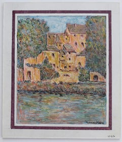 20th Century French Modernist Houses on The River Painting French Town