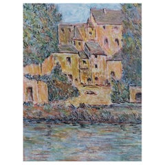 20th Century French Modernist Houses on The River Painting French Town