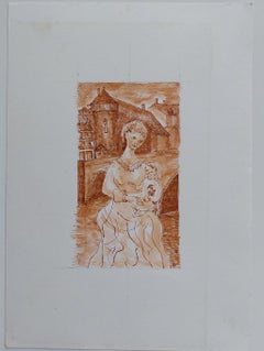 20th Century French Modernist Painting Study of a Mother and Child