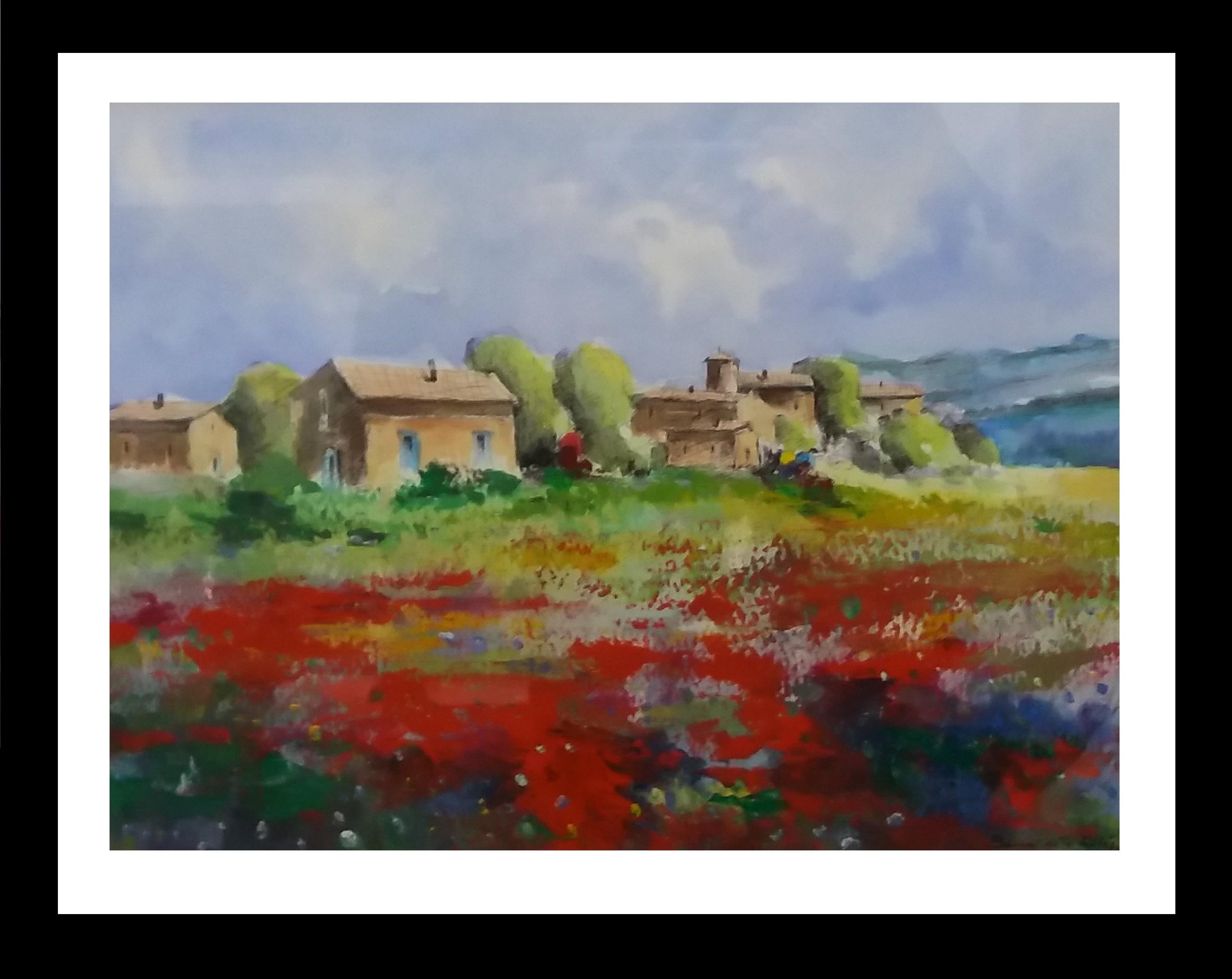 Benavente Solís   Green Landscape  Poppies  House in the Countryside  original - Painting by Benavente Solis