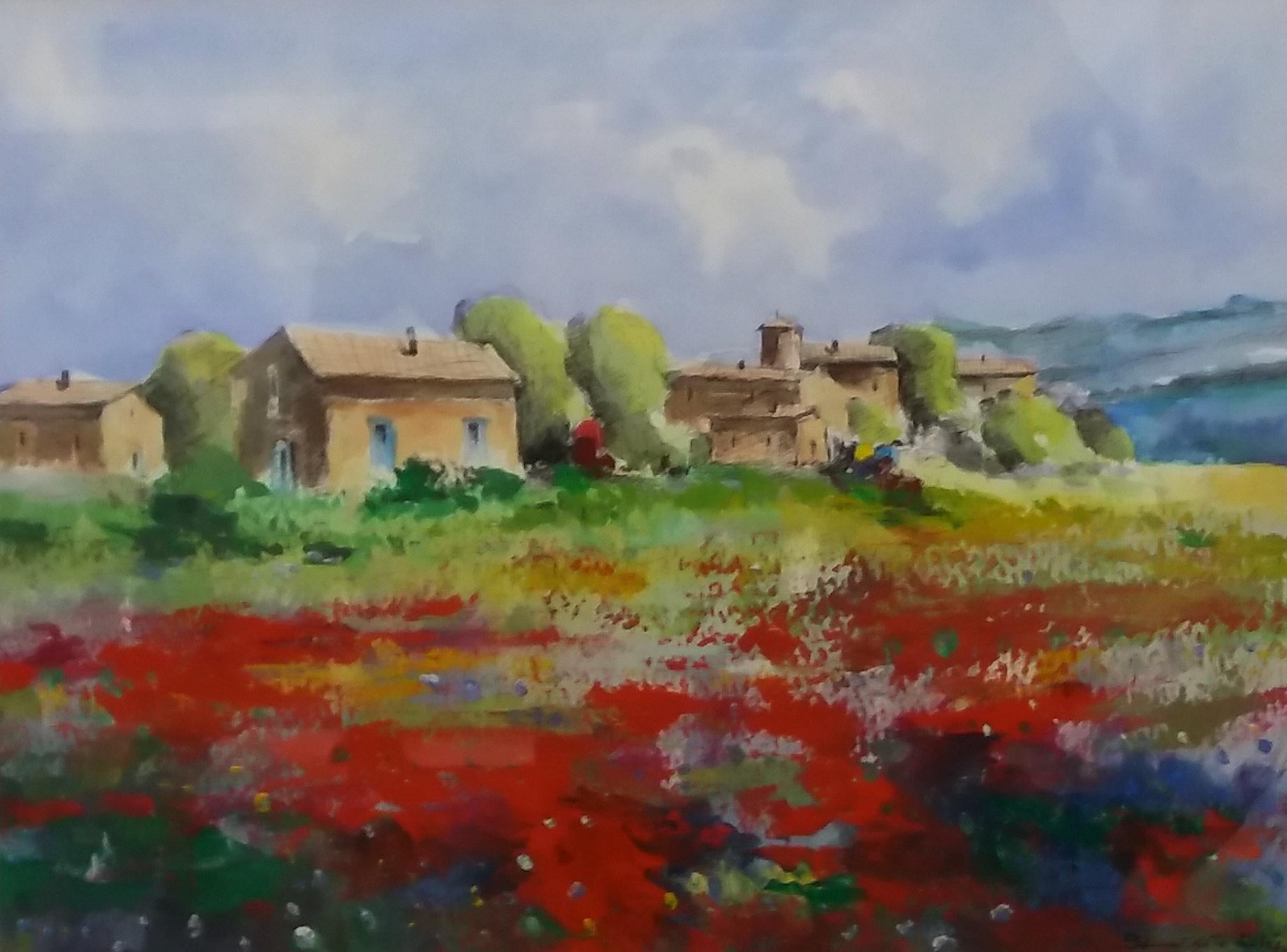 Benavente Solis Landscape Painting - Benavente Solís   Green Landscape  Poppies  House in the Countryside  original